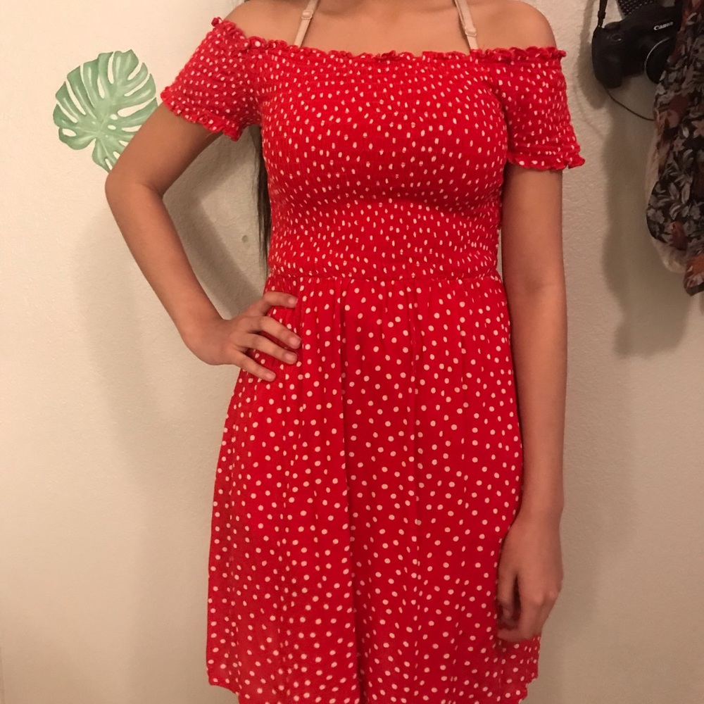 [2 for 15!] Red polka dot off the shoulder dress